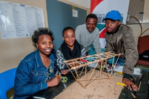 Ntandokazi Baxana (Ethembeni Enrichment Centre), Lusanda April (Woolhope High School), Enzokuhle Ziyekile (Solomon Mahlangu High School) and Solomzi Sokupa (Woolhope High School) busy with finishing touches to their warren truss bridge.